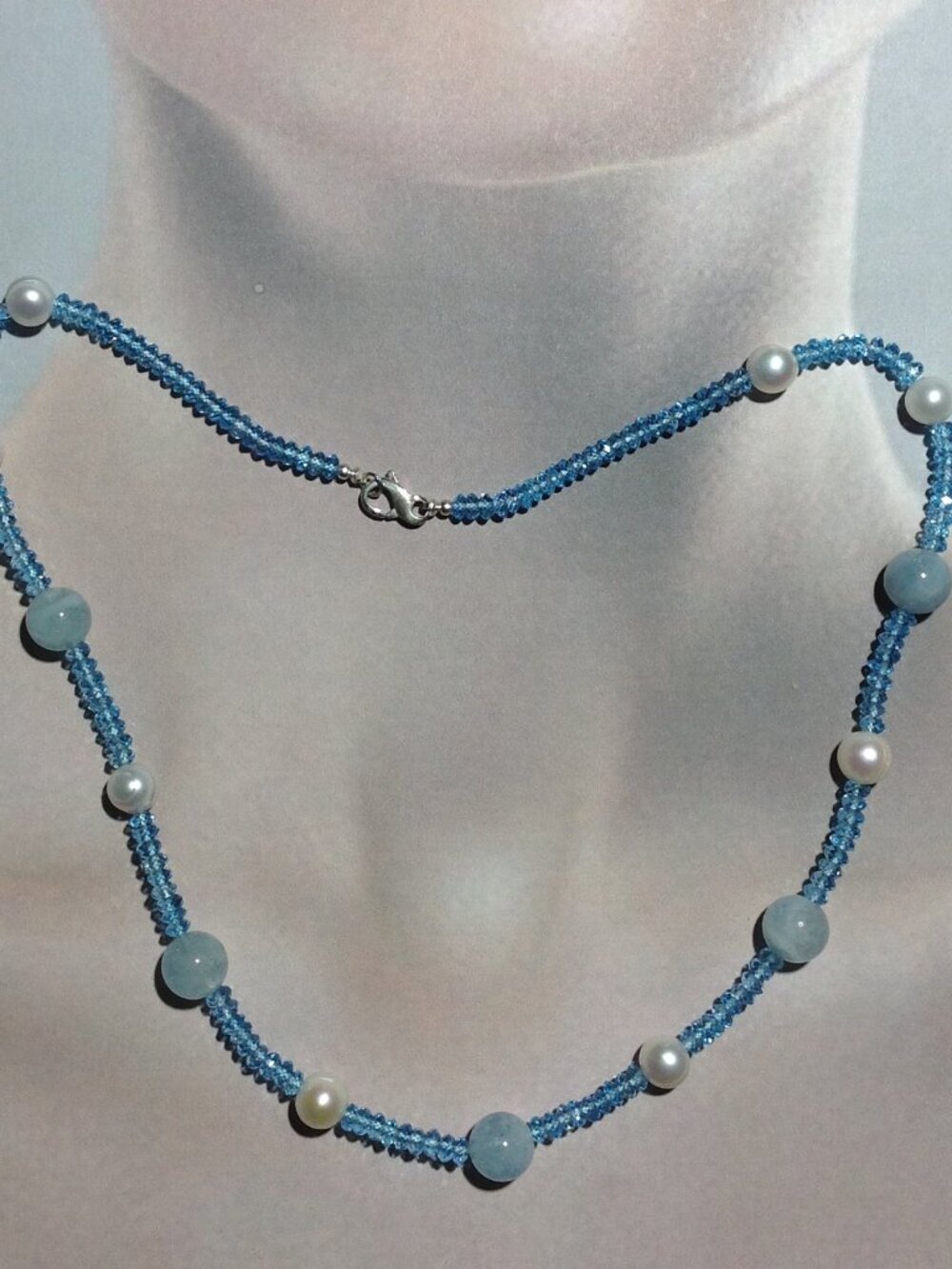 Faceted Blue Quartz with Blue Calcite Quartz and Freshwater Pearl Necklace